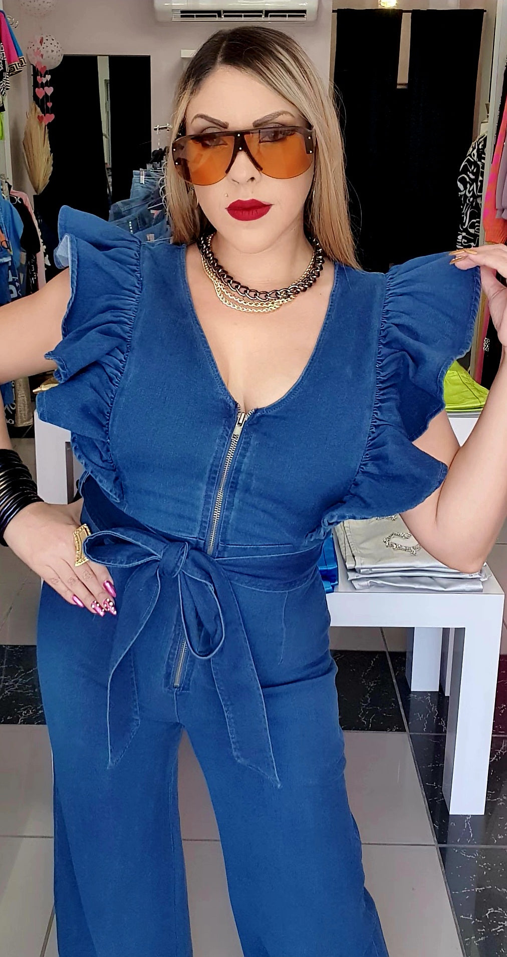 Denim Ruffle Jumpsuit