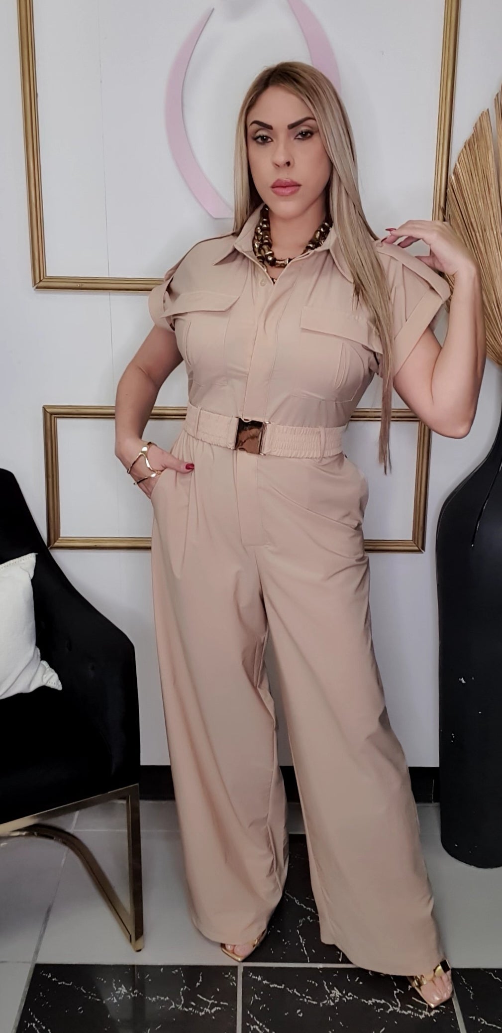 Beige Belt Jumpsuit