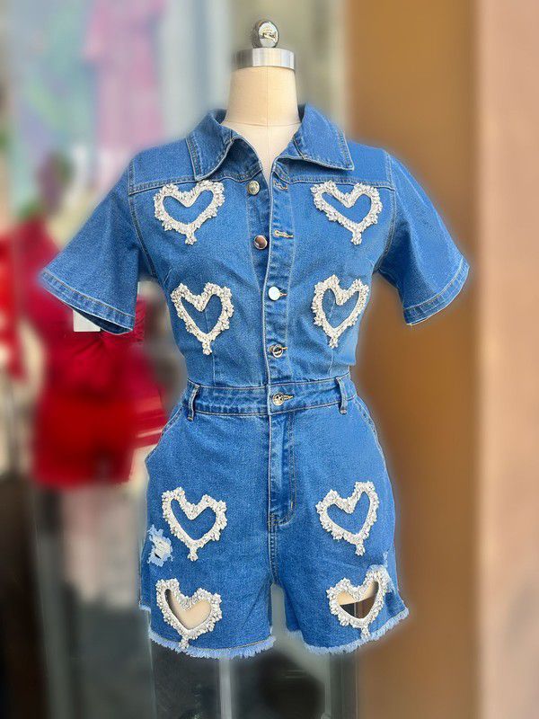 Denim Hearts Romper