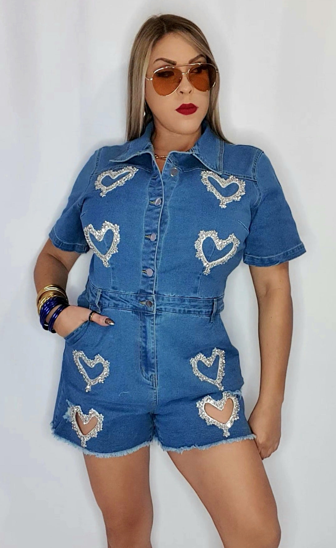 Denim Hearts Romper