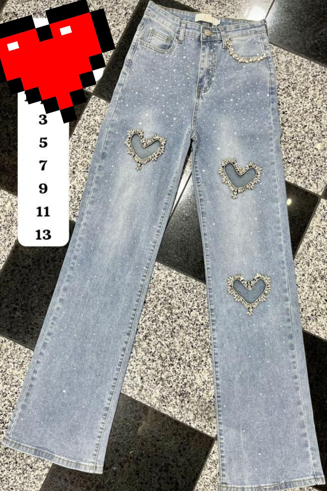 3 Hearts Rhinestones Jeans